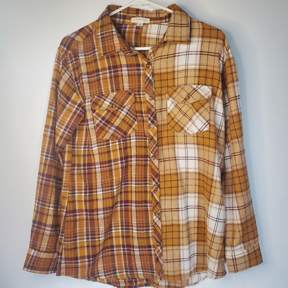 Ultra Flirt Women's Flannel, Size M, Brown Plaid, Soft Long Sleeve, Buttons